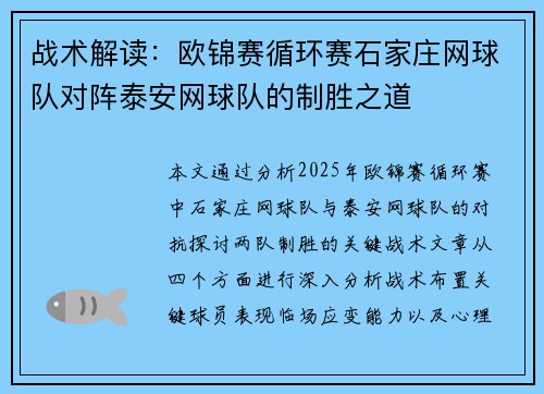 战术解读：欧锦赛循环赛石家庄网球队对阵泰安网球队的制胜之道